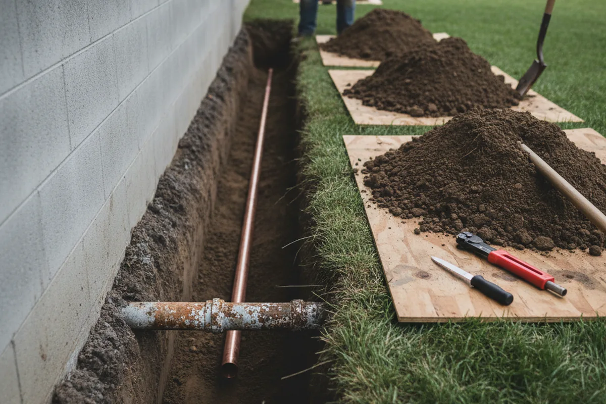 Excavated water line trench during Water Heater Repair in Tornado